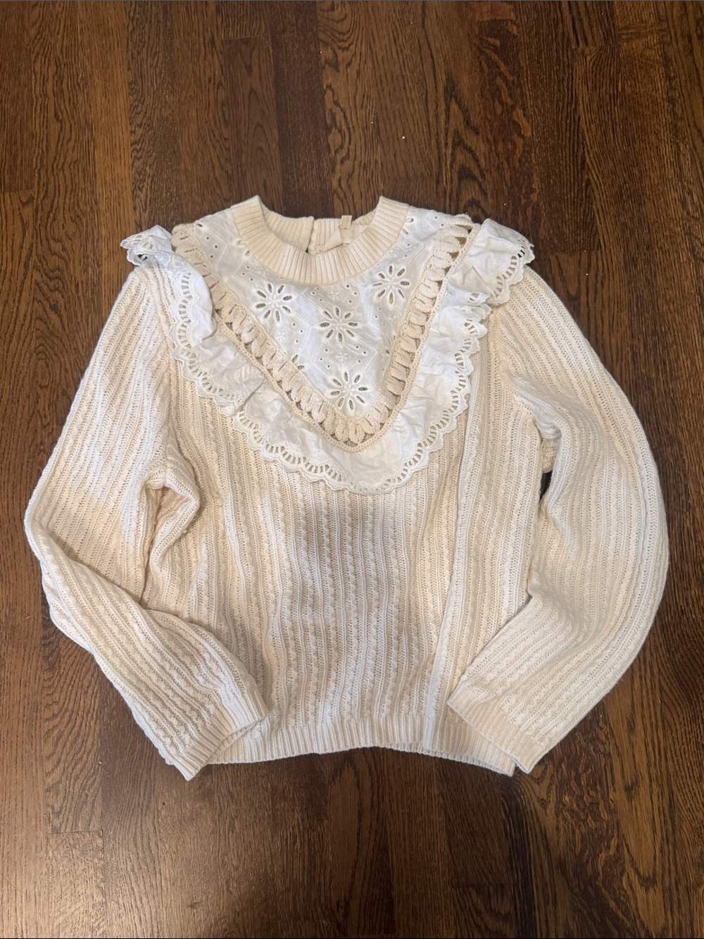 Sezane Cream Lace-Trim Ribbed Sweater
